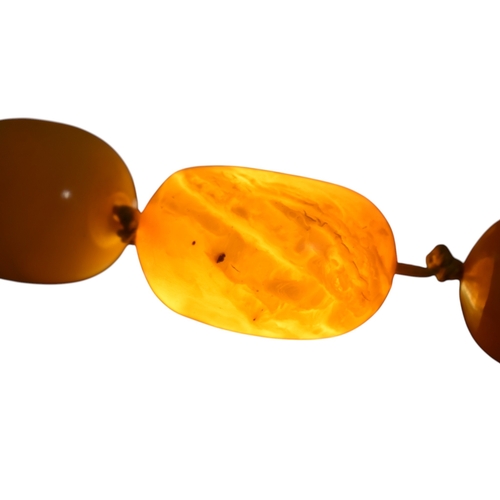 62 - A vintage egg yolk amber bead necklace and earrings. The necklace with large knotted amber beads. Th... 