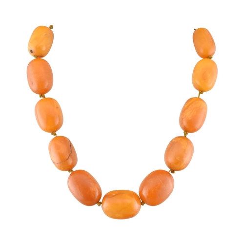 62 - A vintage egg yolk amber bead necklace and earrings. The necklace with large knotted amber beads. Th... 