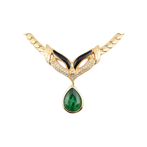 64 - Christian Dior - 1980s vintage Christian Dior Maison Gripoix emerald pendant collar necklace. The ne... 