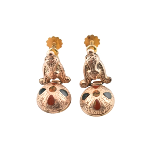 65 - Pair of 19th-century gold pendant earrings. The earrings set with stone specimen samples with scroll... 