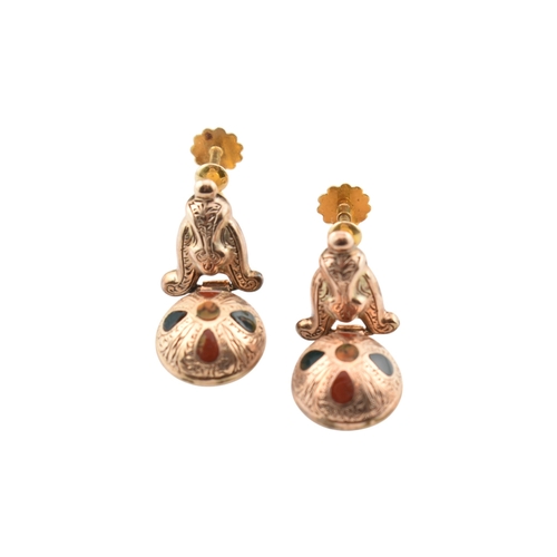 65 - Pair of 19th-century gold pendant earrings. The earrings set with stone specimen samples with scroll... 