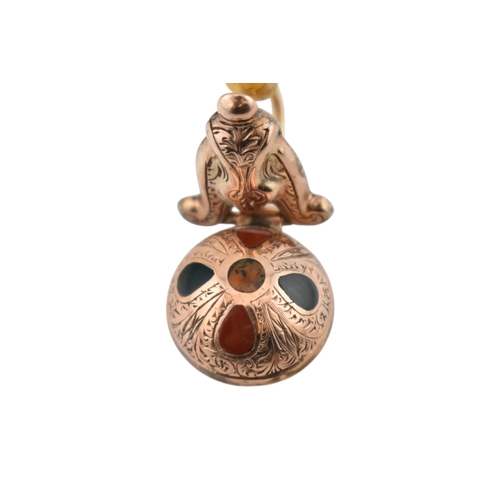 65 - Pair of 19th-century gold pendant earrings. The earrings set with stone specimen samples with scroll... 