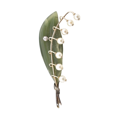 66 - 1930s pearl, diamond and carved nephrite brooch pin. The pin in the form of a spray of lily of the v... 