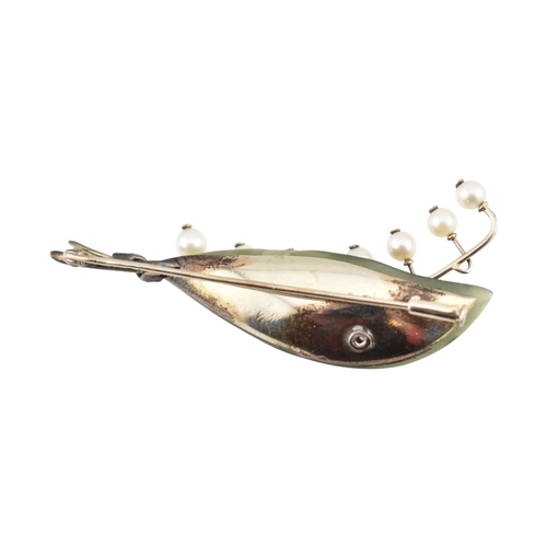 66 - 1930s pearl, diamond and carved nephrite brooch pin. The pin in the form of a spray of lily of the v... 