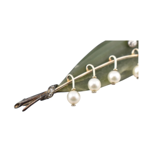 66 - 1930s pearl, diamond and carved nephrite brooch pin. The pin in the form of a spray of lily of the v... 