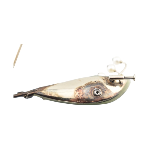 66 - 1930s pearl, diamond and carved nephrite brooch pin. The pin in the form of a spray of lily of the v... 