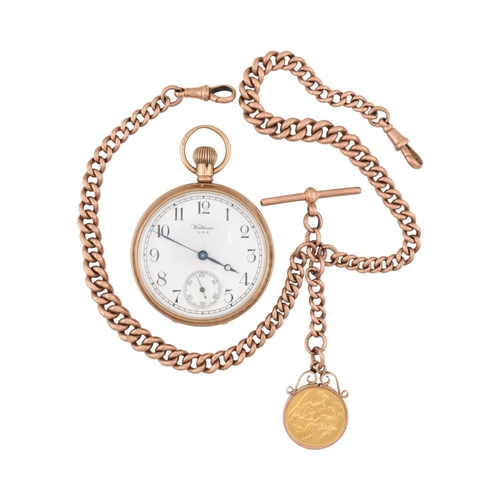 74 - An early 20th century hallmark 9ct gold Albert watch chain strung with a 1912 gold sovereign, togeth... 