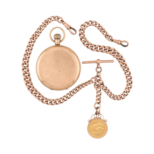74 - An early 20th century hallmark 9ct gold Albert watch chain strung with a 1912 gold sovereign, togeth... 