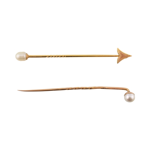 81 - Two cased gold & pearl lapel stick pins. One with plain tapering pin, the other a jabot pin in t... 