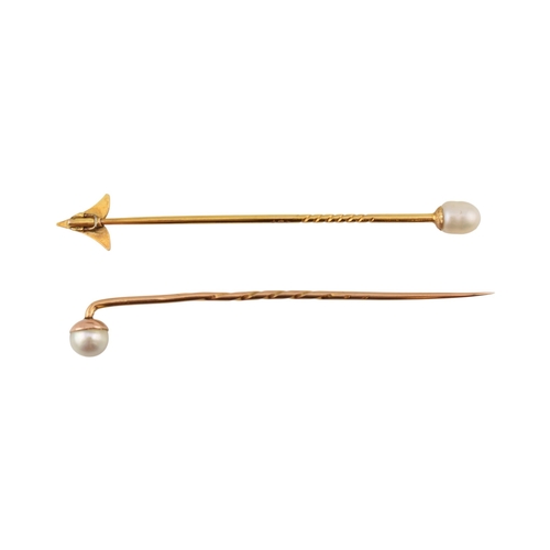 81 - Two cased gold & pearl lapel stick pins. One with plain tapering pin, the other a jabot pin in t... 