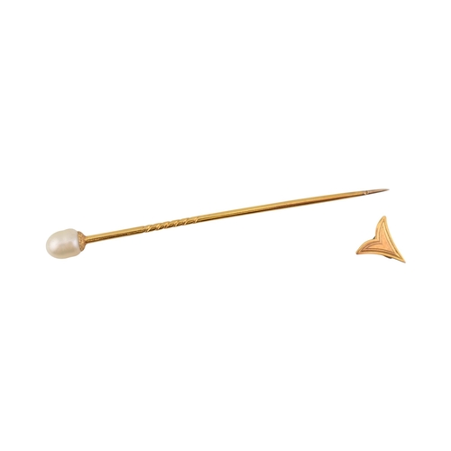 81 - Two cased gold & pearl lapel stick pins. One with plain tapering pin, the other a jabot pin in t... 
