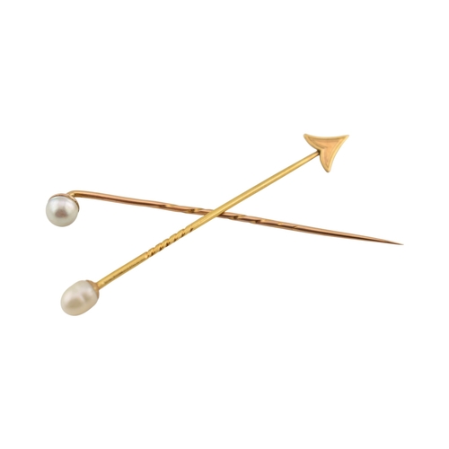 81 - Two cased gold & pearl lapel stick pins. One with plain tapering pin, the other a jabot pin in t... 