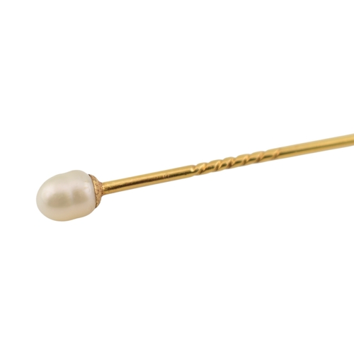 81 - Two cased gold & pearl lapel stick pins. One with plain tapering pin, the other a jabot pin in t... 