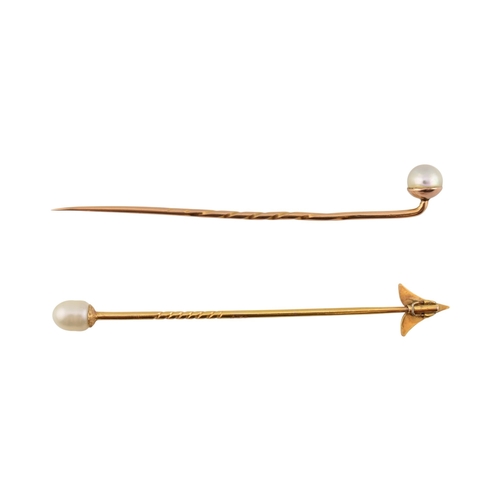 81 - Two cased gold & pearl lapel stick pins. One with plain tapering pin, the other a jabot pin in t... 