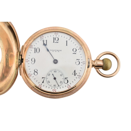 85 - A 1920s A.W.W. Co Waltham Mass hallmarked 9ct gold half hunter pocket watch. Enamel dial with Roman ... 