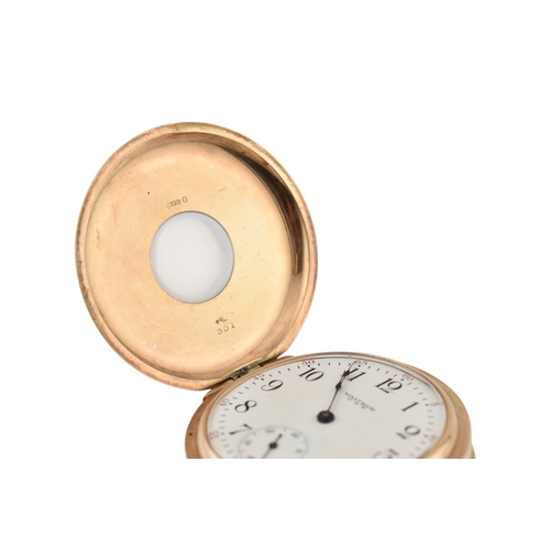 85 - A 1920s A.W.W. Co Waltham Mass hallmarked 9ct gold half hunter pocket watch. Enamel dial with Roman ... 