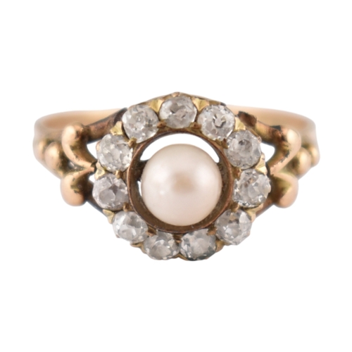 90 - An early 20th century pearl and diamond cluster ring. The ring set with a central pearl framed by ol... 