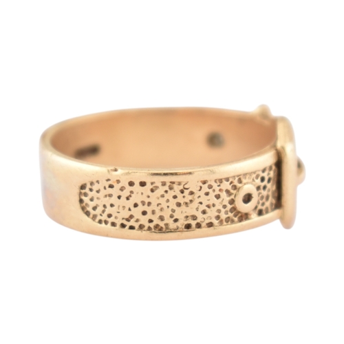 97 - A hallmarked 9ct gold buckle ring. Hallmarked London, sponsors mark T&GJ. Weight 4.8g