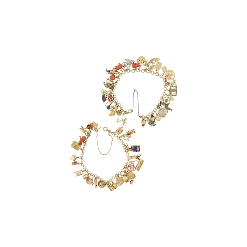 102 - Two Czechoslovakian 14ct gold charm bracelets. The bracelets strung with assorted charms, including ... 