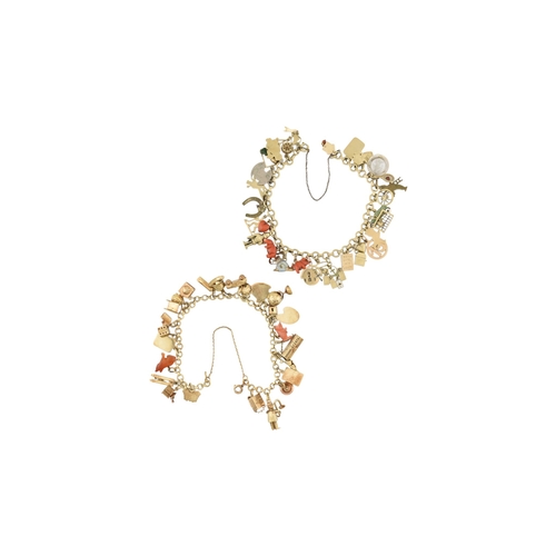 102 - Two Czechoslovakian 14ct gold charm bracelets. The bracelets strung with assorted charms, including ... 