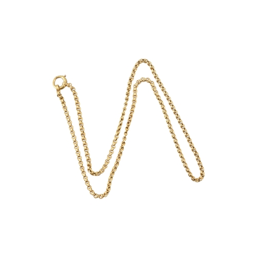 105 - A 14ct gold fancy link chain necklace. The necklace with fancy link and large spring hoop clasp. Wei... 