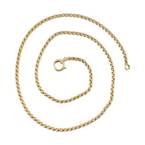 105 - A 14ct gold fancy link chain necklace. The necklace with fancy link and large spring hoop clasp. Wei... 
