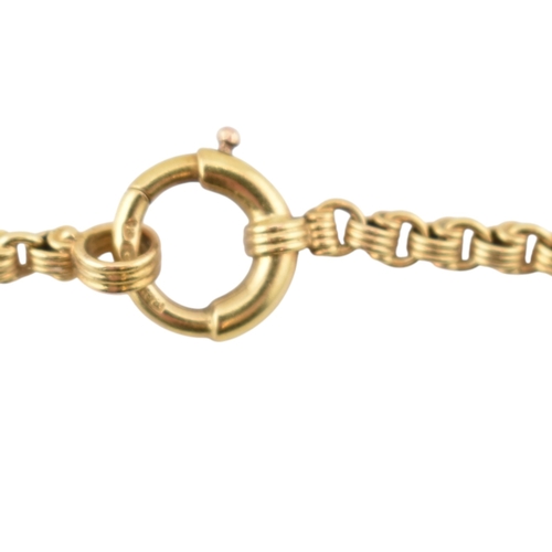 105 - A 14ct gold fancy link chain necklace. The necklace with fancy link and large spring hoop clasp. Wei... 
