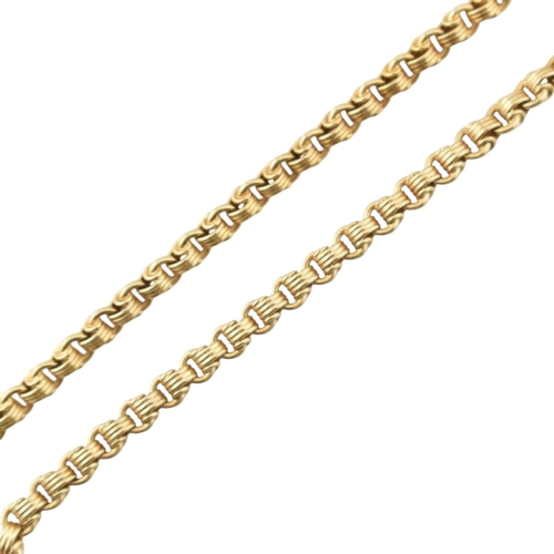 105 - A 14ct gold fancy link chain necklace. The necklace with fancy link and large spring hoop clasp. Wei... 