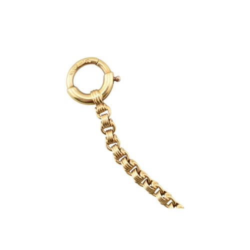 105 - A 14ct gold fancy link chain necklace. The necklace with fancy link and large spring hoop clasp. Wei... 