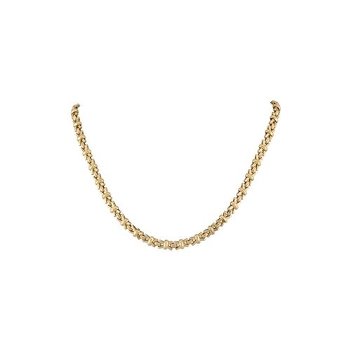 109 - A hallmarked 9ct gold fancy link chain necklace. The necklace is formed with fancy cross links to a ... 