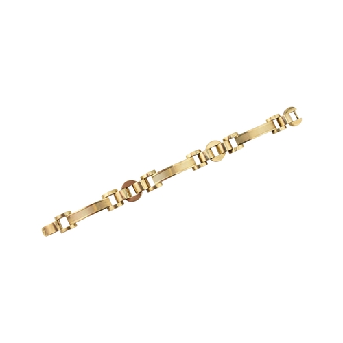 110 - A 14ct gold retro tank bracelet. The bracelet with engine turned and arced and semi-circular links t... 