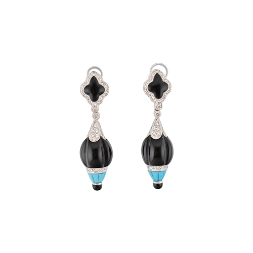 114 - A pair of Art Deco style 18ct gold onyx, turquoise and diamond pendant earrings. Weight 12.4g. Measu... 