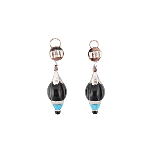 114 - A pair of Art Deco style 18ct gold onyx, turquoise and diamond pendant earrings. Weight 12.4g. Measu... 