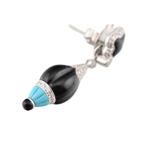 114 - A pair of Art Deco style 18ct gold onyx, turquoise and diamond pendant earrings. Weight 12.4g. Measu... 