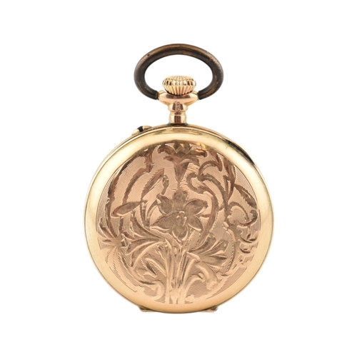 115 - A 14ct gold full hunter fob watch. The watch having floral decorated case, metal movement cover. Whi... 