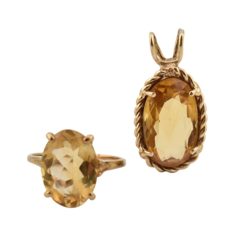 120 - A citrine set necklace pendant and ring. The ring marked 14K. Pendant unmarked tests indicate gold. ... 