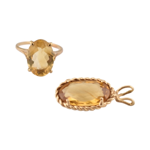 120 - A citrine set necklace pendant and ring. The ring marked 14K. Pendant unmarked tests indicate gold. ... 