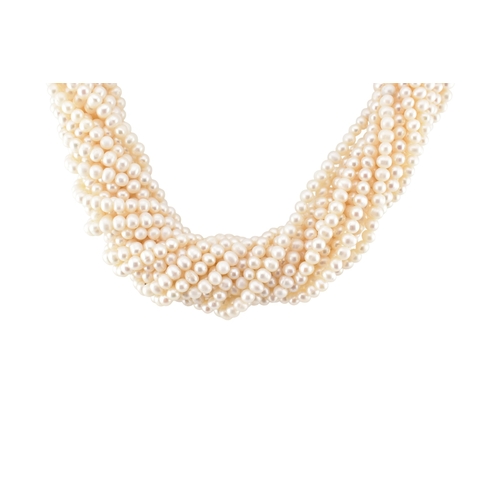 184 - A multistrand pearl necklace with an oversized box clasp. The necklace strung with 18 strands of cul... 