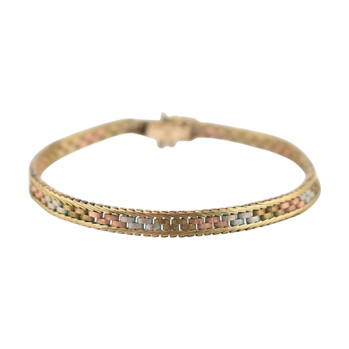185 - A 9ct gold tri-colour bracelet. Set with push clasp. Stamped 9k. Weight 9.8g. Measures 16cm