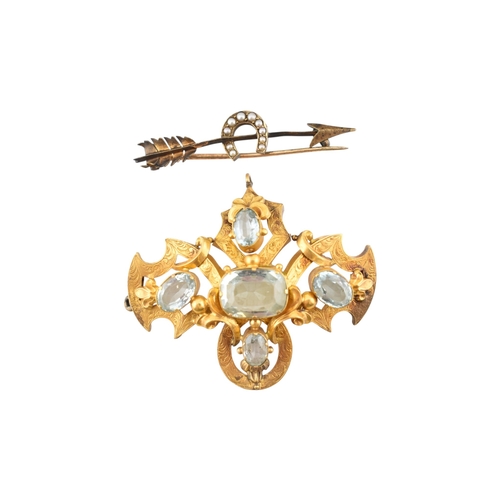 186 - 19th century aquamarine brooch pin AF together with a pearl set arrow and horseshoe brooch pin. Unma... 
