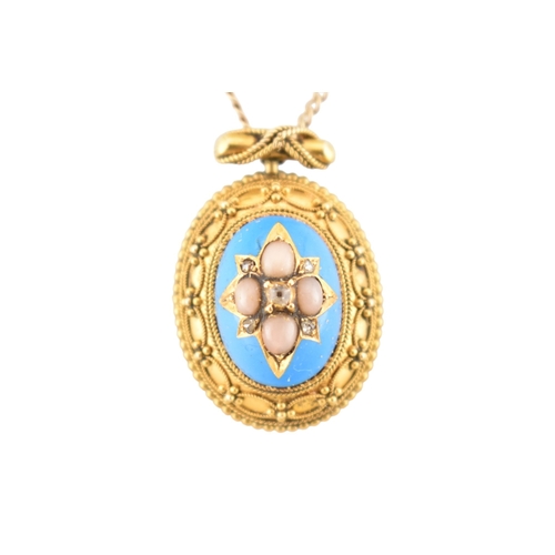 190 - A Victorian 19th century gold Etruscan revival enamel, pearl and diamond pendant and chain. The oval... 