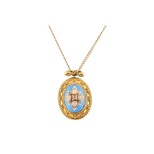 190 - A Victorian 19th century gold Etruscan revival enamel, pearl and diamond pendant and chain. The oval... 