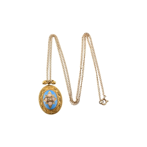 190 - A Victorian 19th century gold Etruscan revival enamel, pearl and diamond pendant and chain. The oval... 