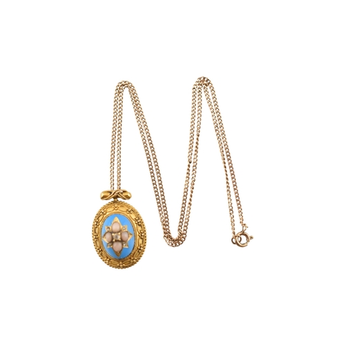 190 - A Victorian 19th century gold Etruscan revival enamel, pearl and diamond pendant and chain. The oval... 