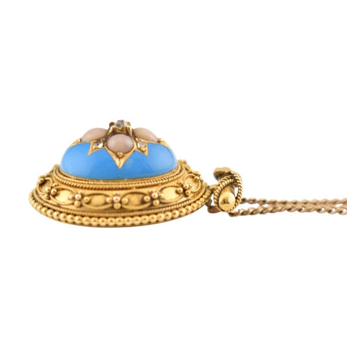 190 - A Victorian 19th century gold Etruscan revival enamel, pearl and diamond pendant and chain. The oval... 