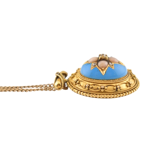 190 - A Victorian 19th century gold Etruscan revival enamel, pearl and diamond pendant and chain. The oval... 