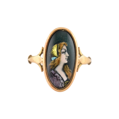 198 - An Art Nouveau 18ct gold French Limoges panel ring. The ring set with a Limoges enamel image of a ma... 