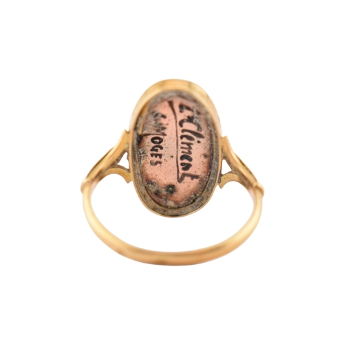 198 - An Art Nouveau 18ct gold French Limoges panel ring. The ring set with a Limoges enamel image of a ma... 