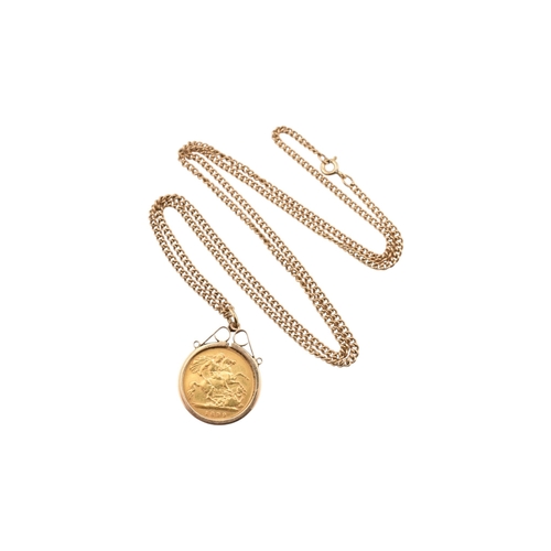 204 - An 1899 Victoria half sovereign pendant necklace. The sovereign in a hallmarked 9ct gold mount in 9c... 