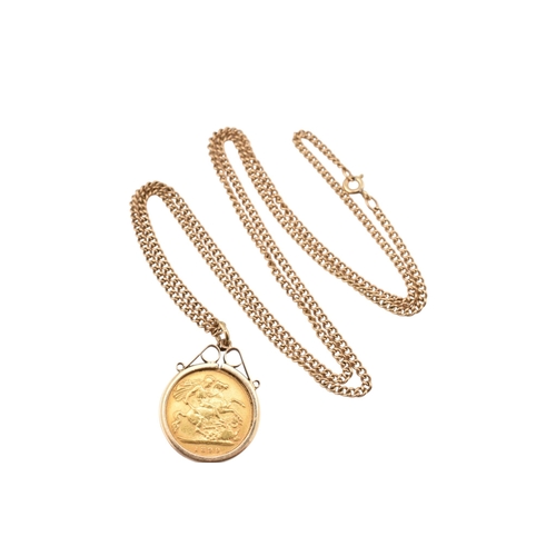 204 - An 1899 Victoria half sovereign pendant necklace. The sovereign in a hallmarked 9ct gold mount in 9c... 